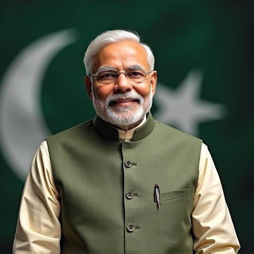 Create a political figure standing against a Pakistan flag backdrop. A person is wearing a traditional vest. Background prominently displays the Pakistan flag. Emphasize cultural and political themes.