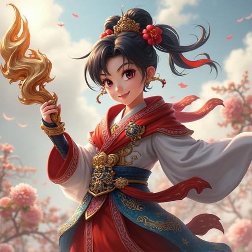 Character dressed in elaborately detailed traditional attire holding a flame weapon. Surrounded by cherry blossoms against a bright background.