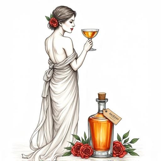 A detailed line art features a beautiful goddess offering a toast. She is topless with a translucent silk wrap and a flower behind her ear. A lower apothecary bottle nearby glows with golden-red contents. The bottle has a cork lid and a tag named 'ALFRUNO'. Roses and herbs surround the bottle.