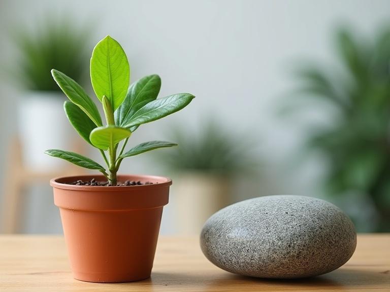 A side-by-side image showing a healthy green potted plant and a smooth grey rock on a wooden table. The plant has new leaves. The background is a blurred indoor setting. The focus is on contrasting the living plant with the non-living object.