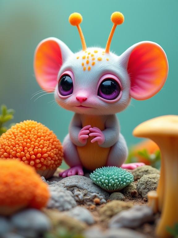 A detailed image depicts a cute, fantastical creature with oversized ears and antennae, surrounded by colorful fungi in an alien landscape. The creature's fur is grey with bright pink accents. Its enormous round eyes spark curiosity. The environment features various vibrant fungi resembling coral reefs, with a soft gradient background creating a surreal atmosphere.