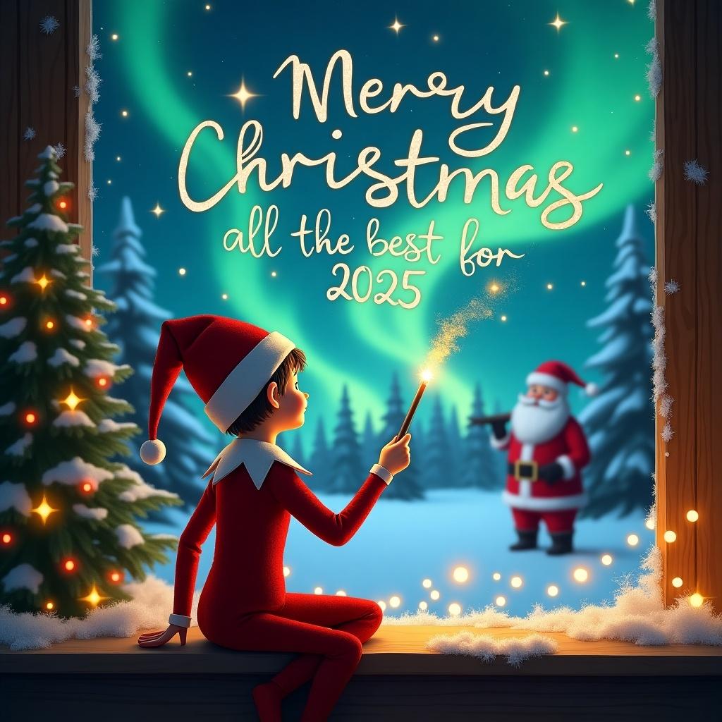 Elf on the shelf uses a wand to write a Christmas message. The setting includes a magical Christmas background with northern lights and Santa visible. Bright and festive atmosphere captures the holiday spirit.