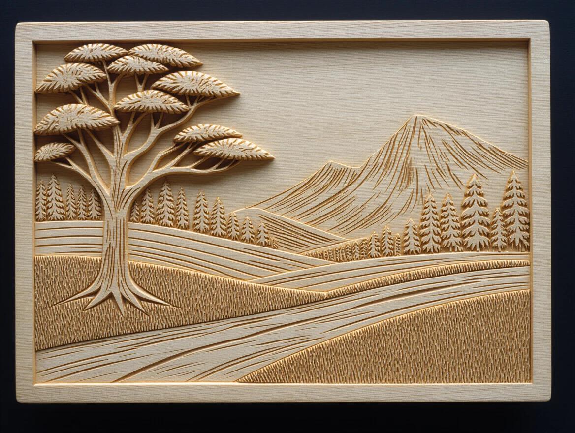 An intricate wood carving showcasing a scenic landscape featuring a large tree and mountains. The design has flowing lines and detailed textures.,