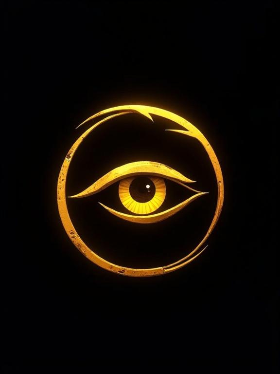 A logo symbol depicts a fantasy archer eye. Simple and circular. Golden yellow color. Clean lines. High quality. Black background. No text.
