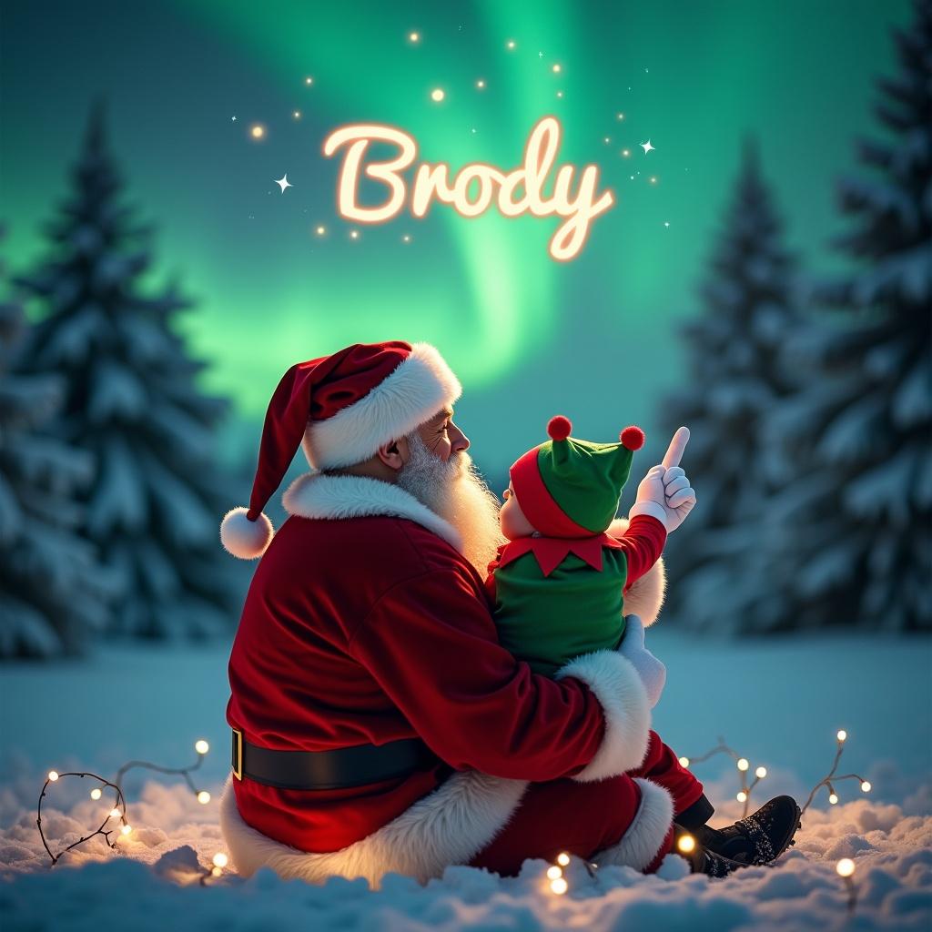 The scene portrays Santa holding a baby dressed in a vibrant elf costume, sitting with their back turned to the viewer. With Santa's magic finger, Santa gazes upward, conjuring the name 'Brody' in a whimsical, glowing script. Above them, the mesmerizing northern lights dance in brilliant shades of green, illuminating a peaceful winter landscape filled with snow-covered trees. Soft twinkling lights in the foreground enhance the cozy, festive feel of the moment. This enchanting atmosphere evokes the joy and magic of the holiday season.