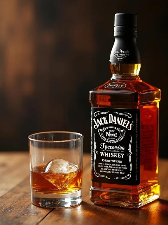 Bottle of Jack Daniel's whiskey placed next to a whiskey glass filled with amber liquor and ice. The background features a warm wooden surface. Soft lighting emphasizes the beverage's rich color.