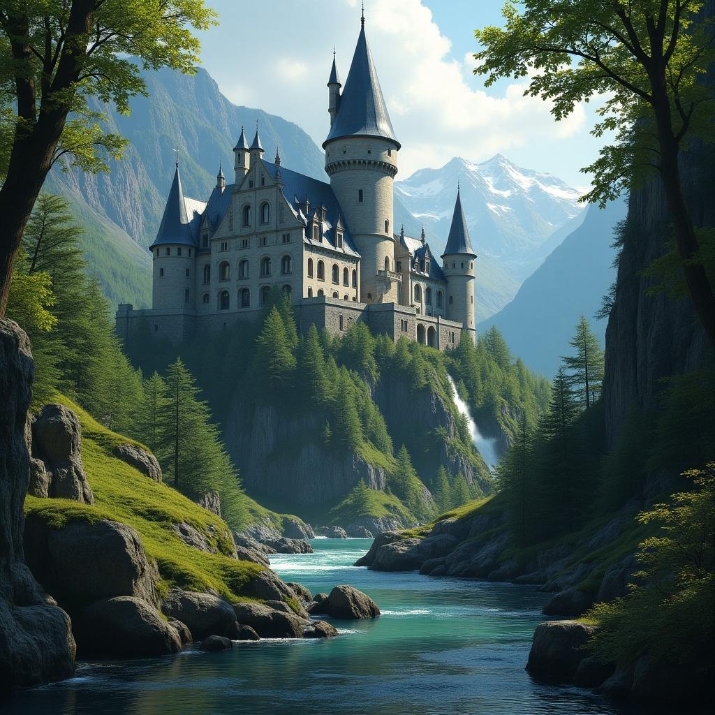 A magical school in a castle. Castle is sheltered between mountains. There is a grand garden with a stream flowing through it.