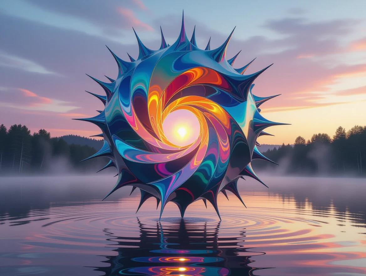Aggressive abstract sculpture created from thick oil paint. Biomechanical thorns and fluid curves exhibit sharp edges. Sculpture levitates over a misty lake at dawn. Masterpiece displays extreme three-dimensional effect. Surface features chaotic landscape of palette knife strokes. Colors distorted into vibrant streaks by reflections. Core of the sculpture glows with translucent paint.