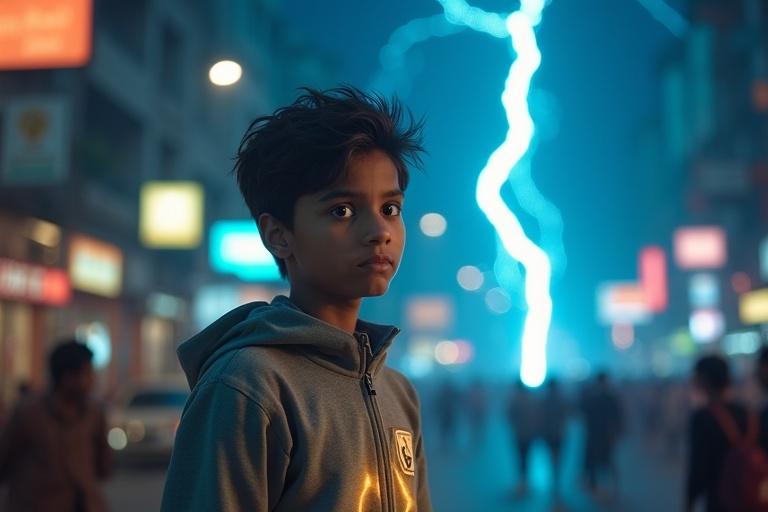 A dramatic cinematic scene on a street. A young boy stands with wide eyes. Lightning strikes nearby. His hair flutters in the wind. He wears a grey jacket glowing faintly. Bright lights illuminate the street. People flee in the background. A thunderbolt mark is on his hand. The scene captures vibrant colors and storm effects.