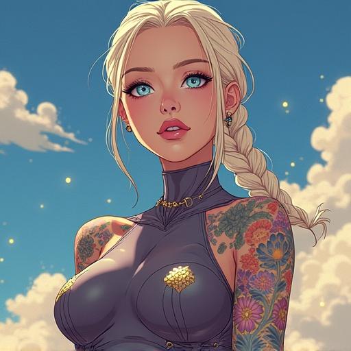 Anime character flying in the sky with light gold Ki. Woman with frosted blue eyes and oversized light blonde braid. Modern ninja bodysuit with colorful tattoos. Beautiful face and muscular arms. Extroverted grin with light pink lipstick. Double belly button ring and piercing details. Night summer scene.