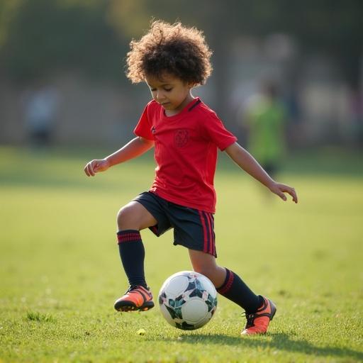 Child playing soccer barefoot on the field. The child wears a red jersey and black shorts. Bright green grass appears around. The child shows joy and focus while reaching for the soccer ball. Natural light fills the scene.