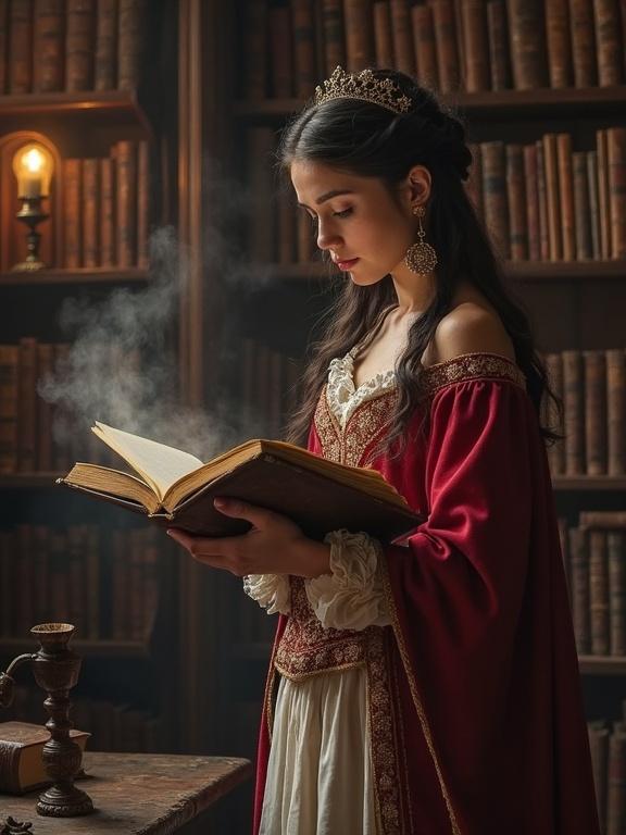 Enchanting woman in a grand library reading a spellbook with magical effects. The setting is filled with ancient books and warm lighting.