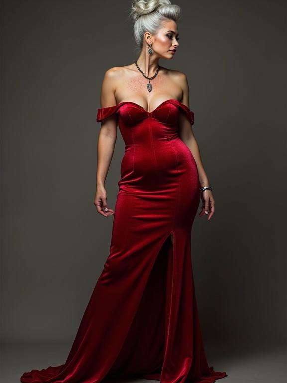 A mature woman poses confidently in a red velvet dress with off-shoulder design. She has high silver hair styled in a bun and showcases pale skin and freckles. The model stands elegantly with wide hips and stiletto heels.