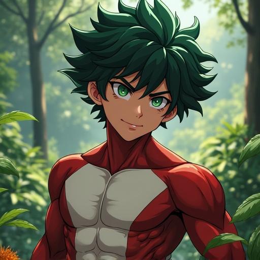 Anime character in a green forest. Character has dynamic pose and spiky green hair. Muscular build evident. Summer day without harsh lighting. Action-oriented composition with nature backdrop.