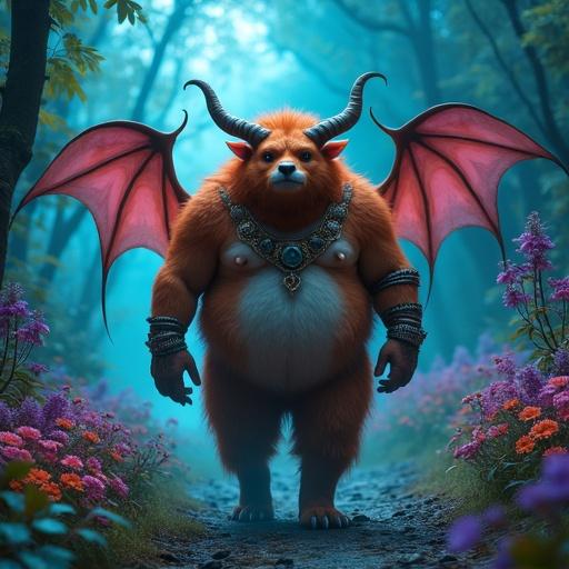 A hyper-realistic image of a chubby ginger-haired hairy male creature. It has bat wings and horns. The creature walks confidently in a vibrant otherworldly forest. Bioluminescent plants provide an eerie glow. The scene is covered in mist with exotic flowers. Colors include deep blues, purples, and greens.