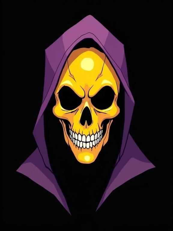 Digital illustration depicting a skull inspired by Joker themes in a minimalist cartoon style with bold lines and flat colors. Black background emphasizes yellow skull. Exaggerated sinister features. Purple hood drapes over skull with downward extending edges. Resembles logo art from animated series.