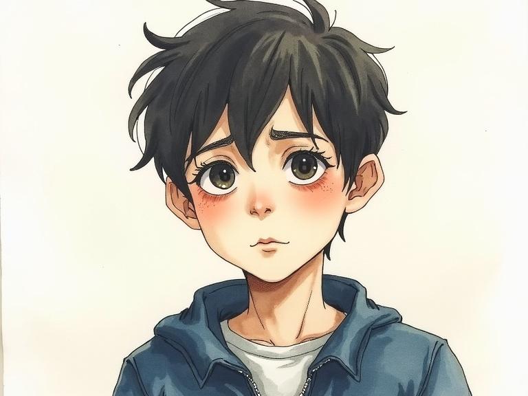 Watercolor painting of a sad boy with ink accents. Emotionally expressive, captures feelings through muted colors. Focus on the boy's eyes and facial expression.