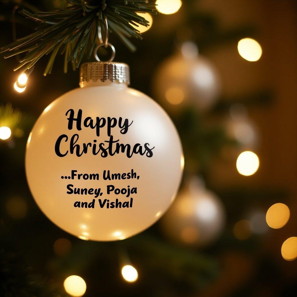 Close-up of a white Christmas bauble. Text reads 'Happy Christmas...From Umesh, Suney, Pooja and Vishal'. Twinkling lights in background create magical ambiance.