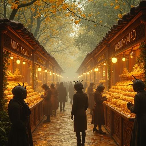 A hyperrealistic beehive marketplace filled with bee characters. Bees wear Victorian clothes. The market sells honeycombs and nectar drinks. Bright flowers light the scene. Soft glows from fireflies illuminate the stalls made of wax and silk.