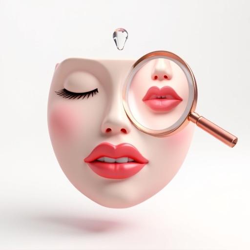 Three 3D elements on a white background. A small glowing lip brush touching lips of a cartoon-style face. A droplet of clear gel above the brush. A magnifying glass beside the face showing details of lips in various states.