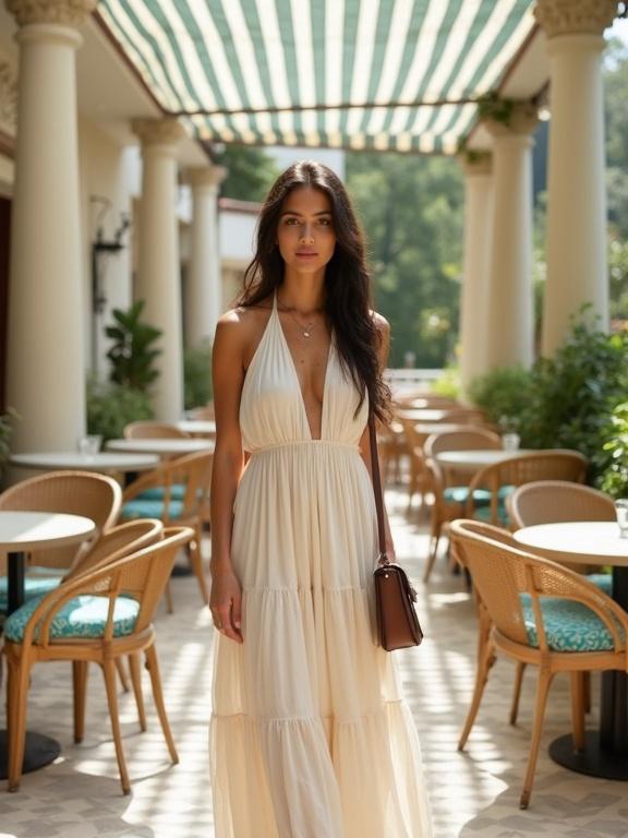 An Indian woman stands outdoors in a beautiful patio. She wears a cream-colored tiered maxi dress with palazzo pants. The setting includes light-brown wooden furniture and teal blue patterned cushions. A striped awning hangs overhead. The woman's dress features a halter neck and flowing pleats. She carries a small dark-brown purse. The image is filled with natural light, creating an inviting space. Pillars and patterned flooring are visible in the background. The ambiance feels luxurious and relaxed.