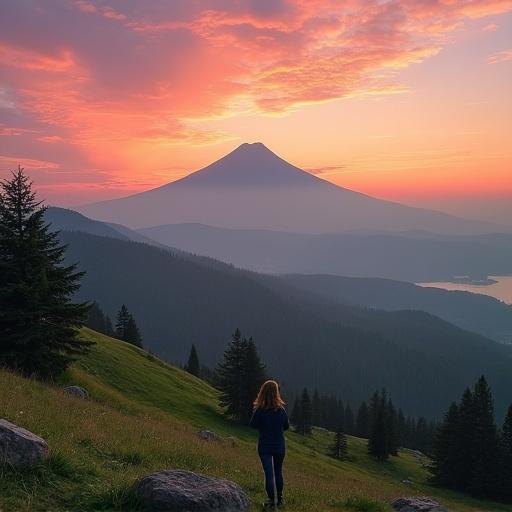 Stunning landscape featuring a mountain with pink and orange sunset sky. Pine trees line the shore. Rolling green hills with scattered trees under a peaceful sky. Close-up photo of a woman watching the sunrise.