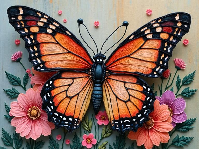 A raised embroidery portrait of a butterfly among flowers. The butterfly is colored orange and black with intricate details. Flowers in shades of pink surround it. The artwork includes elements of mixed media, modern art, and beautiful patterns.