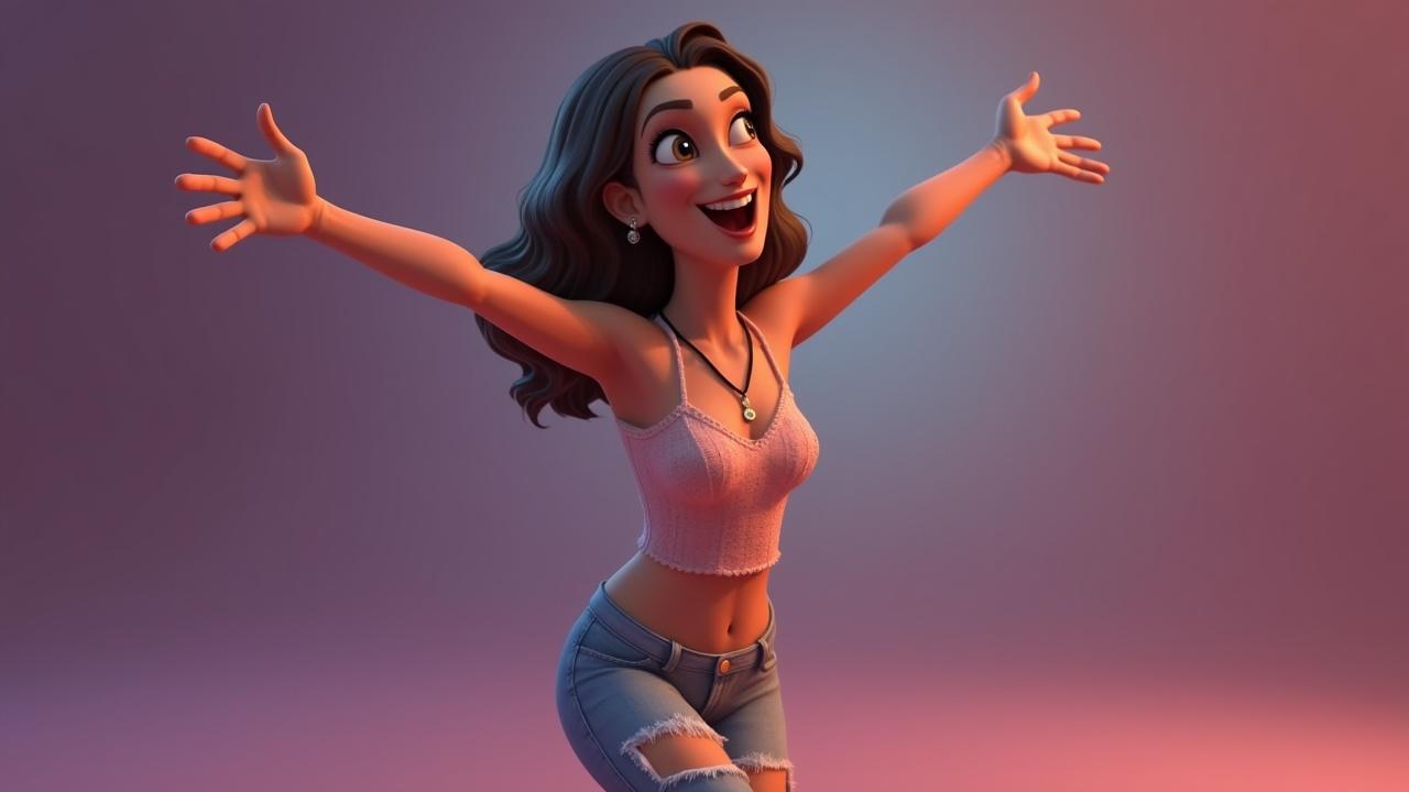 A joyful animated woman with arms wide open, in a colorful, softly lit setting, wearing a stylish top and ripped jeans, created with 3D rendering techniques.