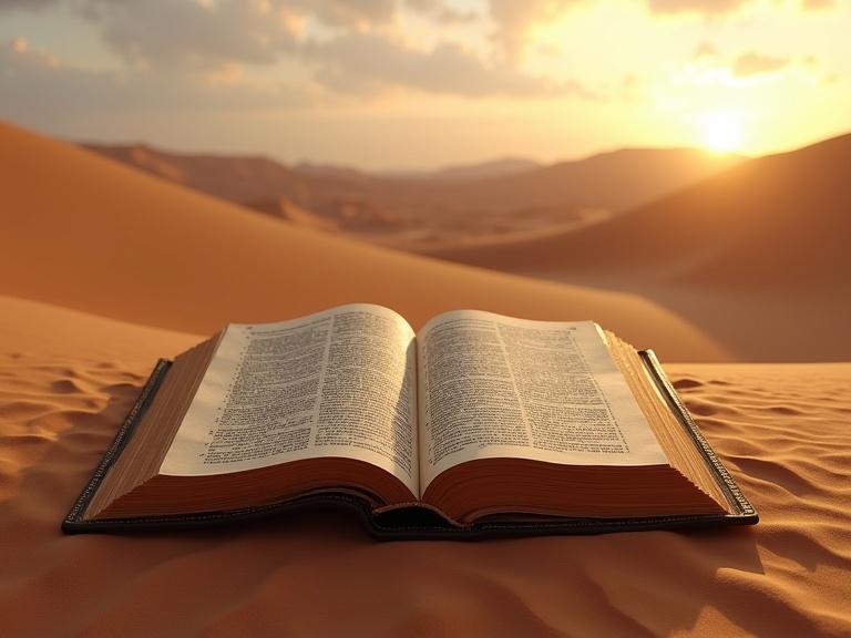 An open book situated on sandy dunes in a desert landscape during sunset. The book features different scripture texts and shows warm colors surrounding it. Desert atmosphere enhances the spiritual ambiance.