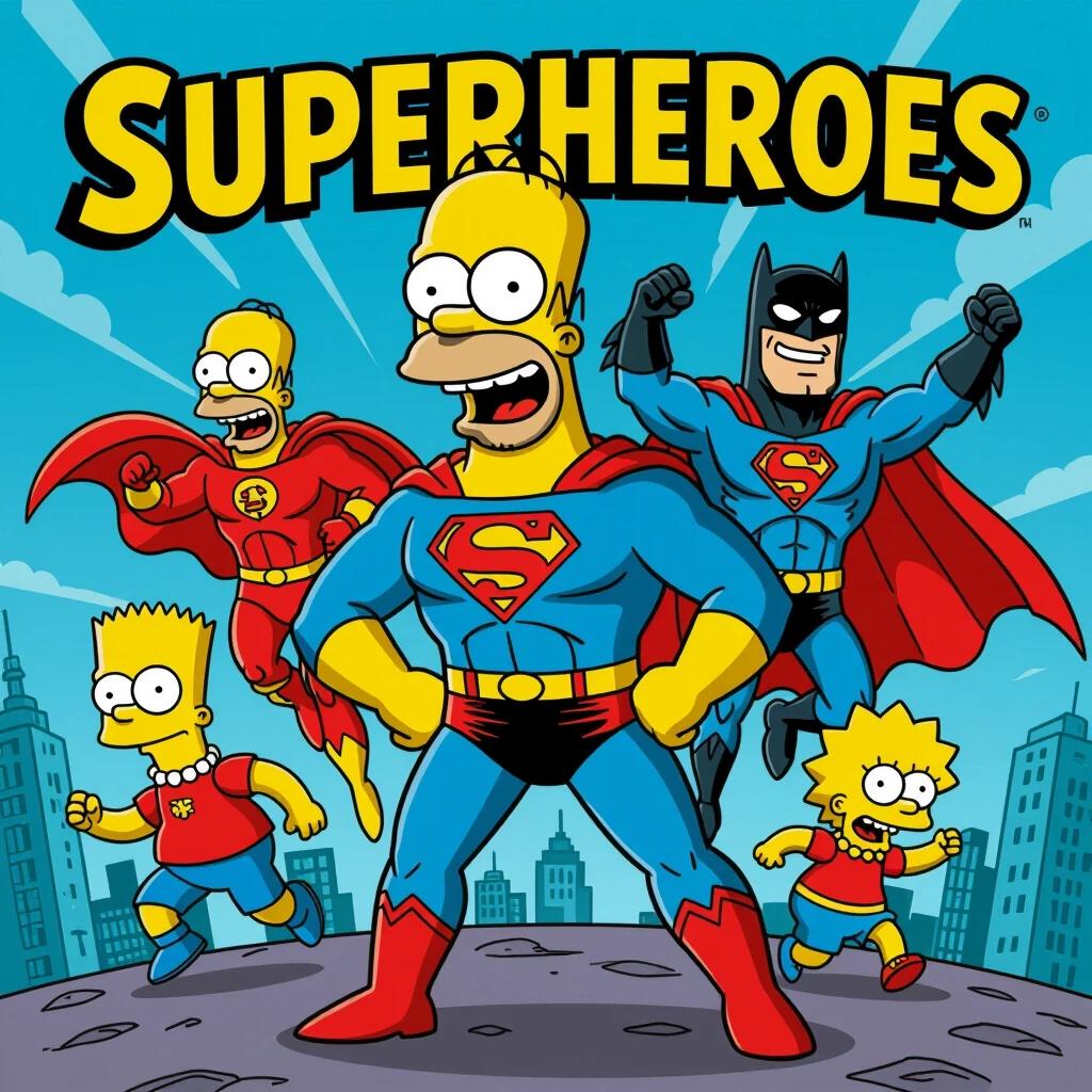 Colorful illustration features the Simpsons characters depicted as superheroes. Homer Simpson wearing Superman costume stands confidently. Bart Simpson dons a red superhero outfit. Lisa Simpson follows with a superhero apparel. Original superhero theme with playful and comedic elements.
