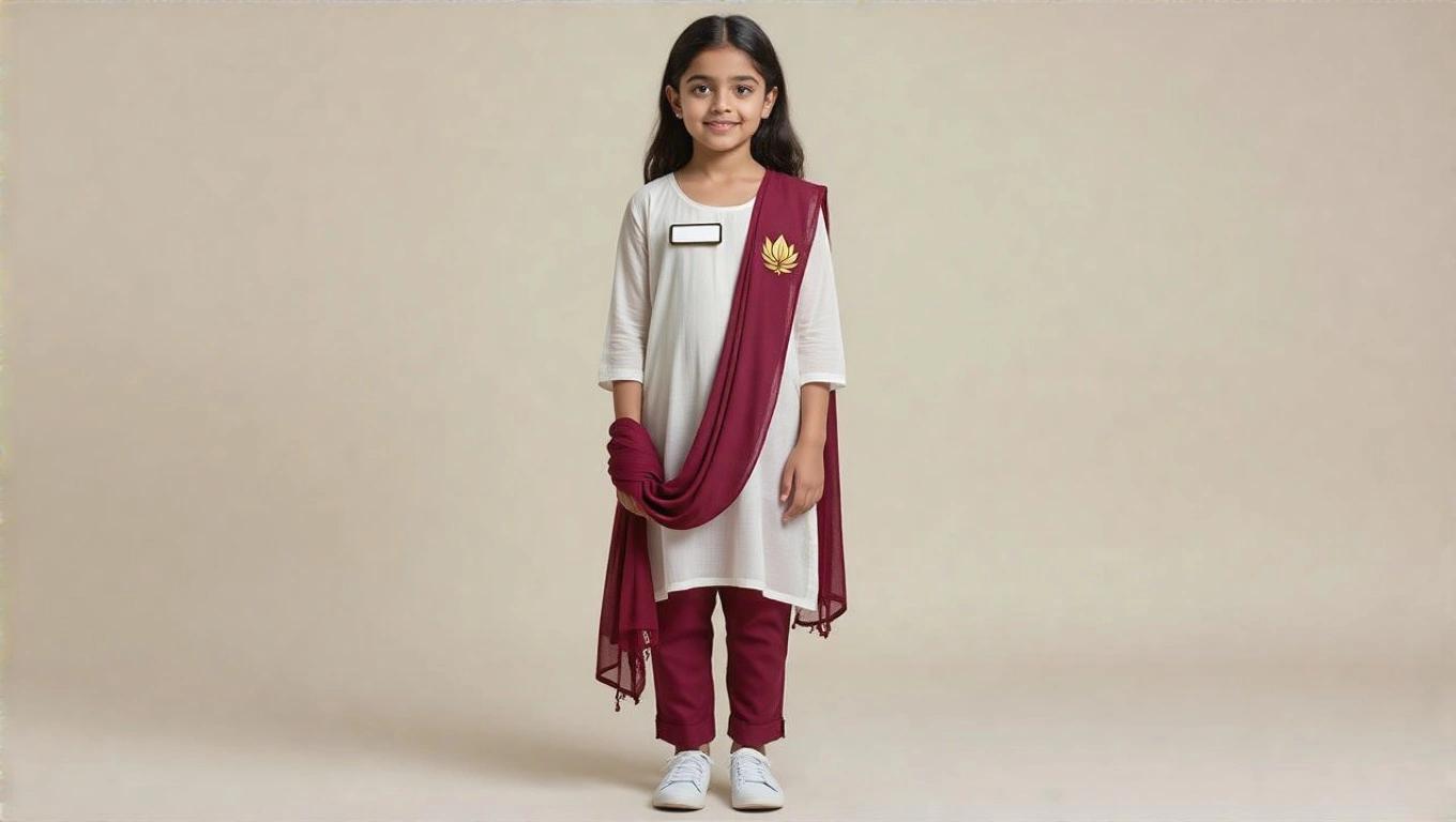 Photorealistic image of a young girl in a knee length sheer cotton kameez with a maroon dupatta draped from shoulder to knees. Maroon pants and white sneakers worn. Rectangular white name tag on right shoulder with golden lotus crest above it. Fabrics are sheer to show skin and a low cut white tank top underneath. Girl is fair with silky black hair, not chubby.