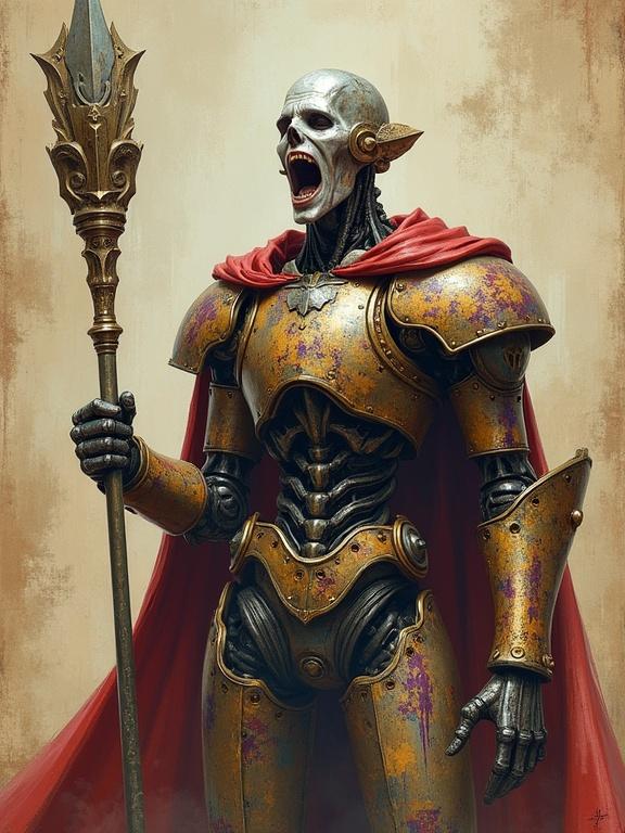 Portrait of a metal construct robot. Colorful graffiti on the armor. Holding a two-handed scepter. Face of a man screaming. Background fades into worn parchment paper edges. Digital art style inspired by Antonio J. Manzanedo, with a fantasy theme. Semirealistic and epic feel, medieval D&D elements.