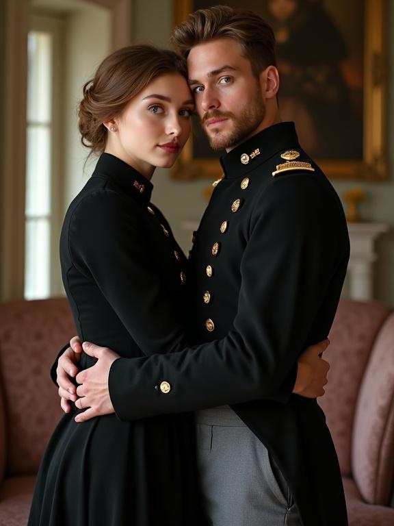 A couple stands together in a historical manor. The woman wears a black military uniform with gray trousers. She is hugging her husband who is in a hussars uniform. The setting has an elegant and classic feel to it.