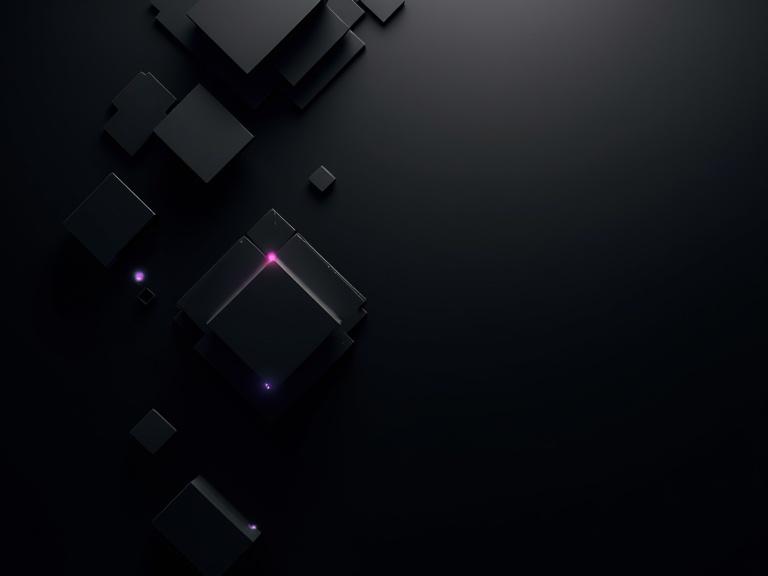 A dark abstract background with geometric square patterns and layered structures. Black base tones with subtle iridescent highlights. Clean minimalist futuristic composition. Square-based forms only. Horizontal orientation high resolution. Ambient lighting with depth shadows and glowing edges.