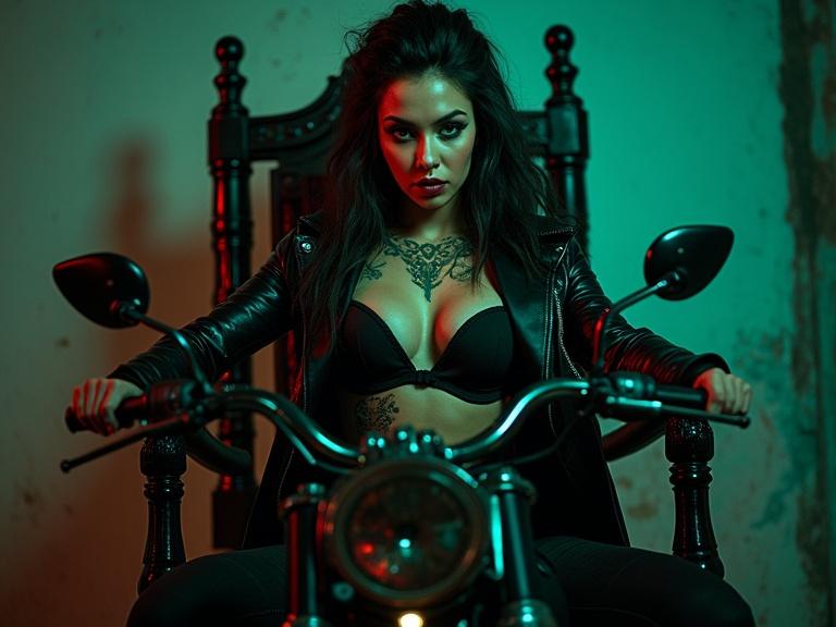 Woman with a confident and rebellious demeanor dressed in a biker outfit. Striking appearance with tattoos and dramatic lighting. Dark ambiance featuring a throne and motorcycle with detailed components. Semi-realistic style highlighting the motorcycle's engine and accessories. Strong gaze emphasizes attitude.