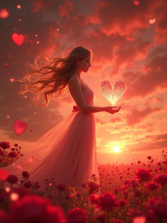 Surreal dreamscape with a beautiful woman in a field of heart-shaped blossoms. Her hair is golden and flowing. She holds a radiant heart between her hands at sunset. Light ribbons surround her, symbolizing love stories. A rose petal bridge is in the distance, representing hope.