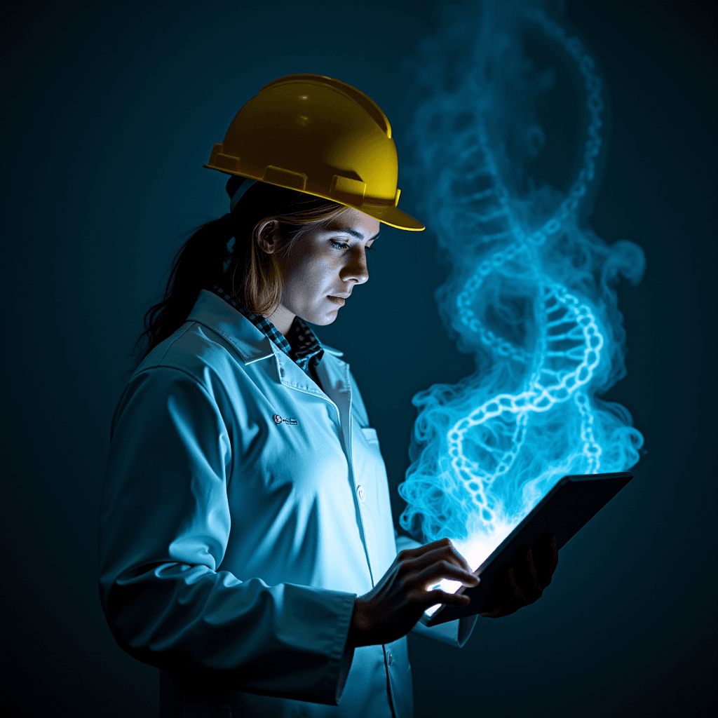 A woman in a lab coat and hard hat examines a glowing holographic DNA strand emanating from a tablet.