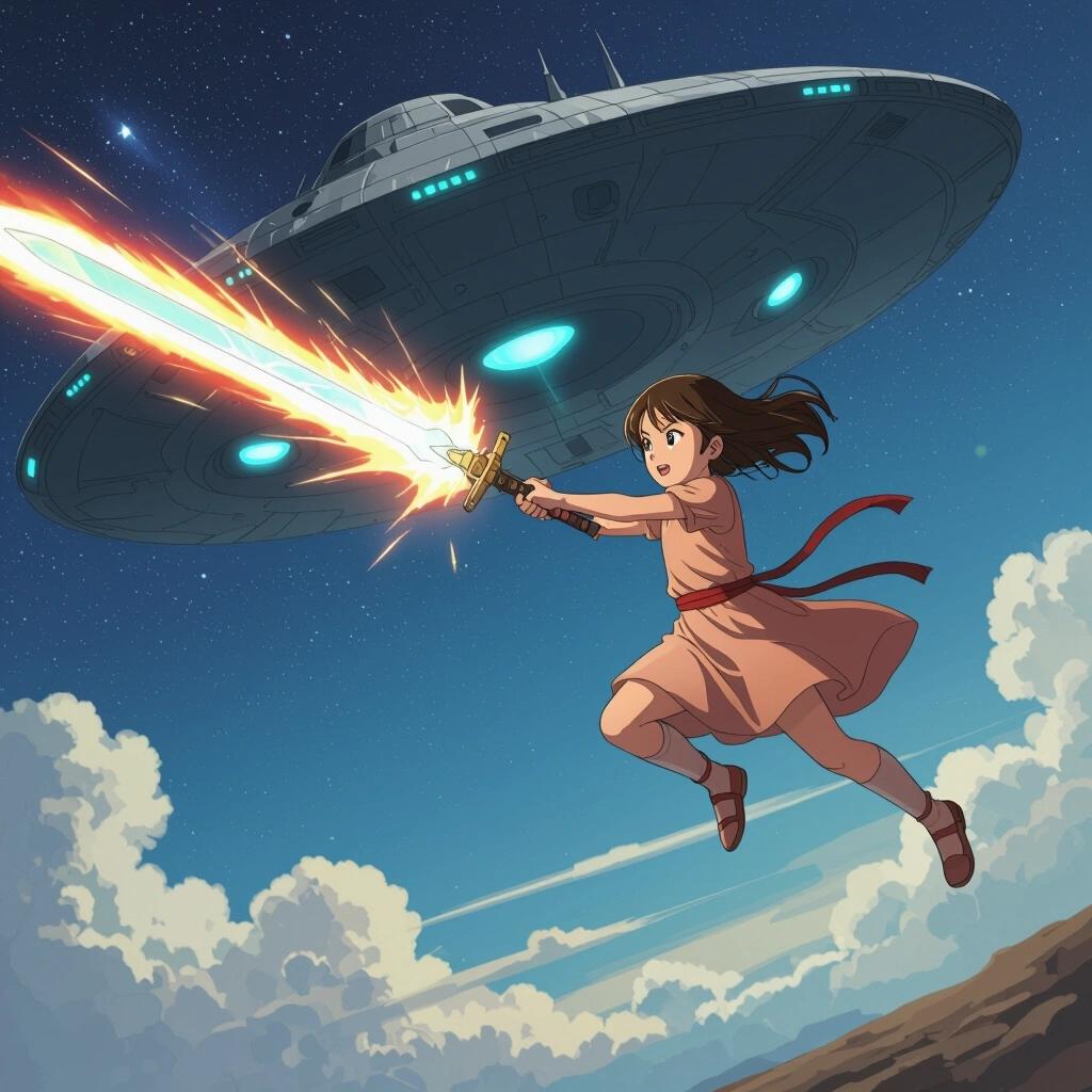 Young girl in a dress flying high in the air wielding an energy sword. She attacks a large alien spacecraft. The scene is futuristic and dynamic, filled with action.