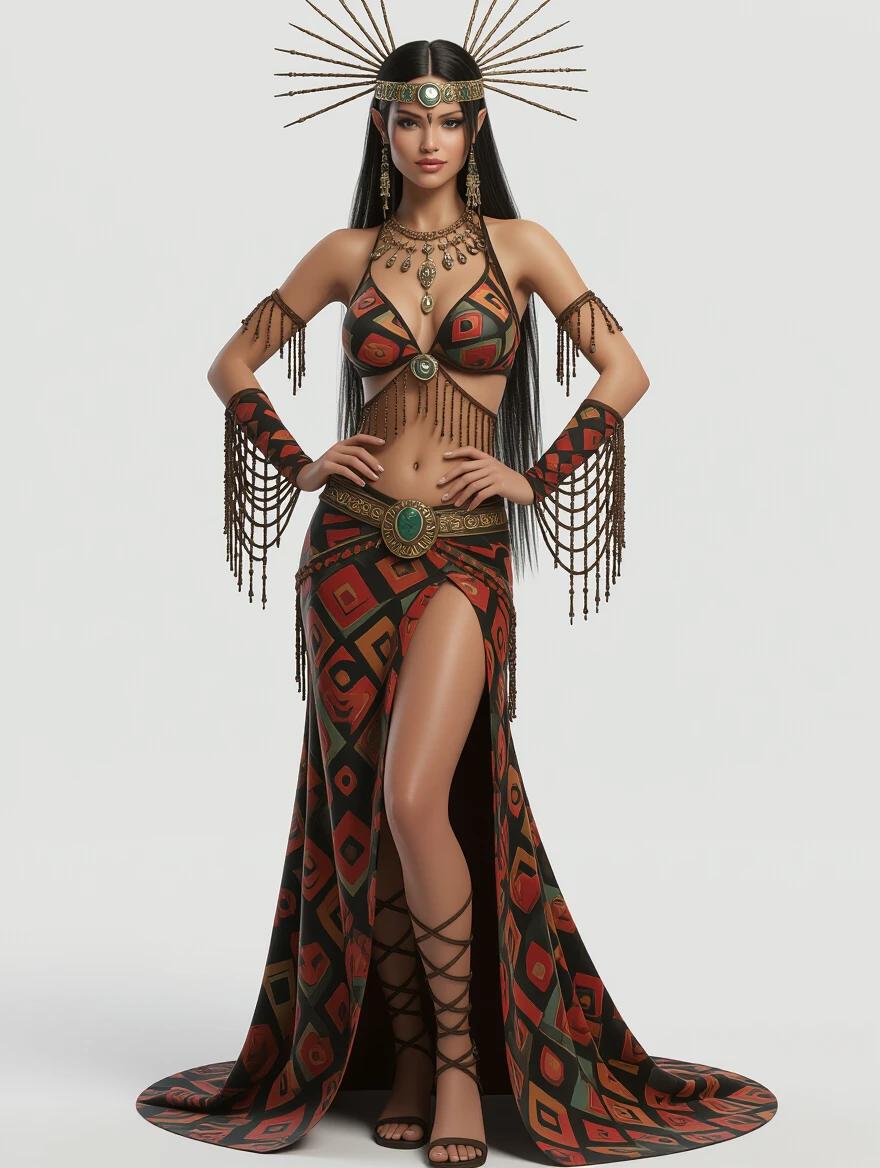 3D art featuring a glamorous gypsy woman wearing intricate attire. Full body portrait displaying detailed costume elements. Mixed media style with vibrant colors and accessories.