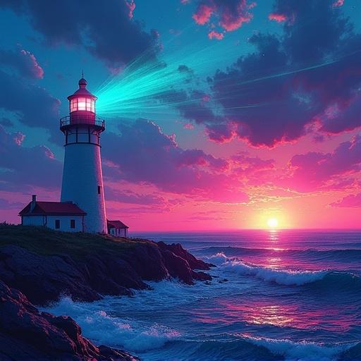 Fauvism art depicting a lighthouse emitting a neon beam in the twilight sky