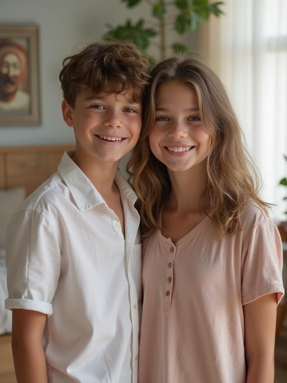 A photo of a beautiful teenage sister and her young brother standing together indoors. The background features a cozy room with plants and soft lighting. The sister wears a light pink shirt while the brother is in a white shirt. There is a close bond displayed between them.