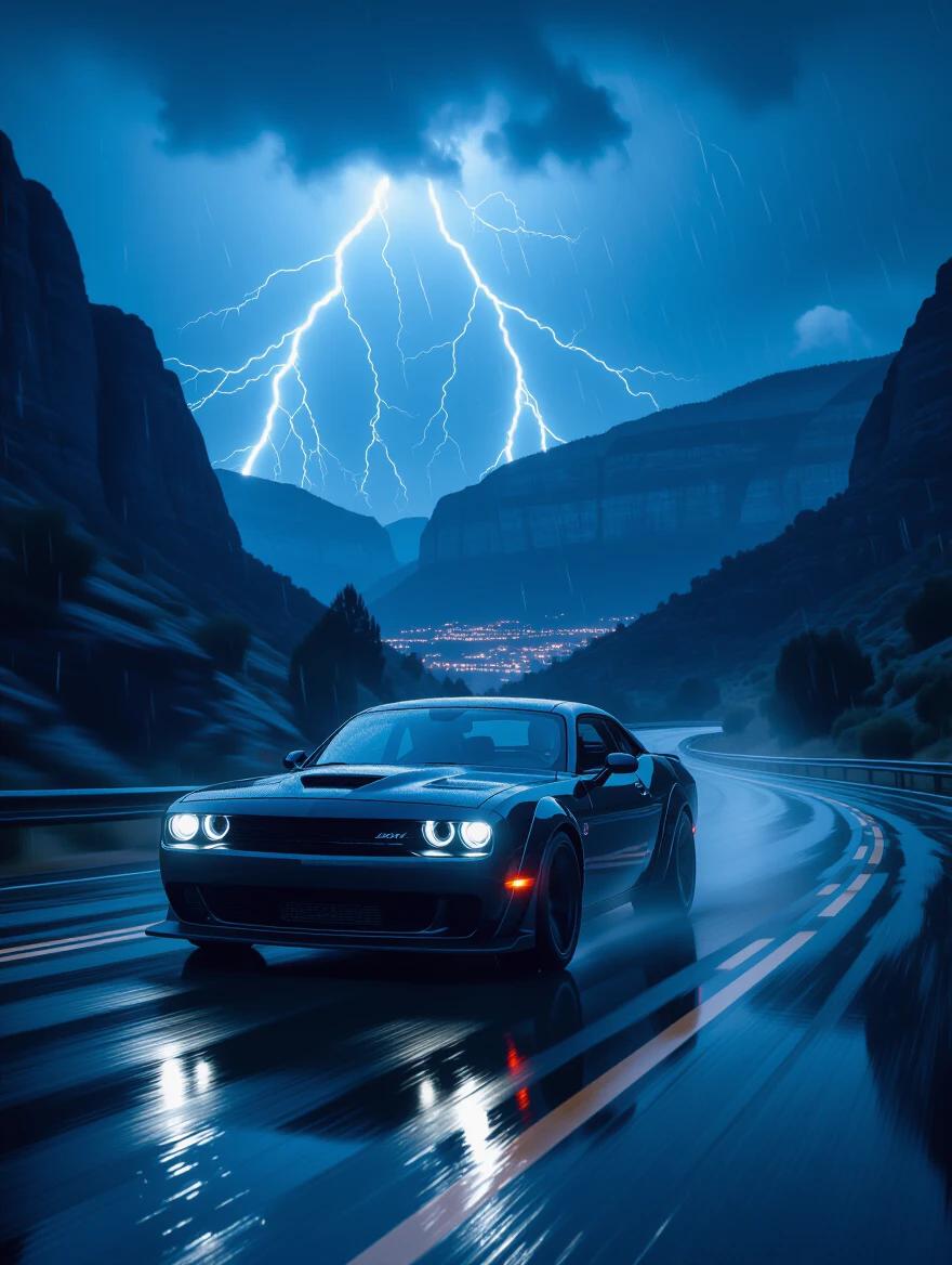A matte black sports car speeds down a wet mountain road at night. Heavy rain falls with dramatic lightning in the sky. Glowing blue LED headlights reflect off the wet asphalt. Low side view with motion blur captures the scene. Dark canyon cliffs surround the path, faint city lights visible below. Mist and rain particles add to the atmosphere. The driver wears black gloves, illuminated by dashboard lights. The color grading features deep shadows and cold blue tones. Ultra-realistic and intense scene in 8K resolution.
