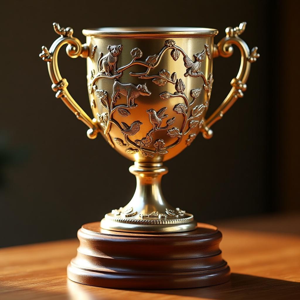 A golden trophy designed with intricate animal motifs. The trophy sits on a wooden base and reflects sunlight. It symbolizes animal welfare and recognition.