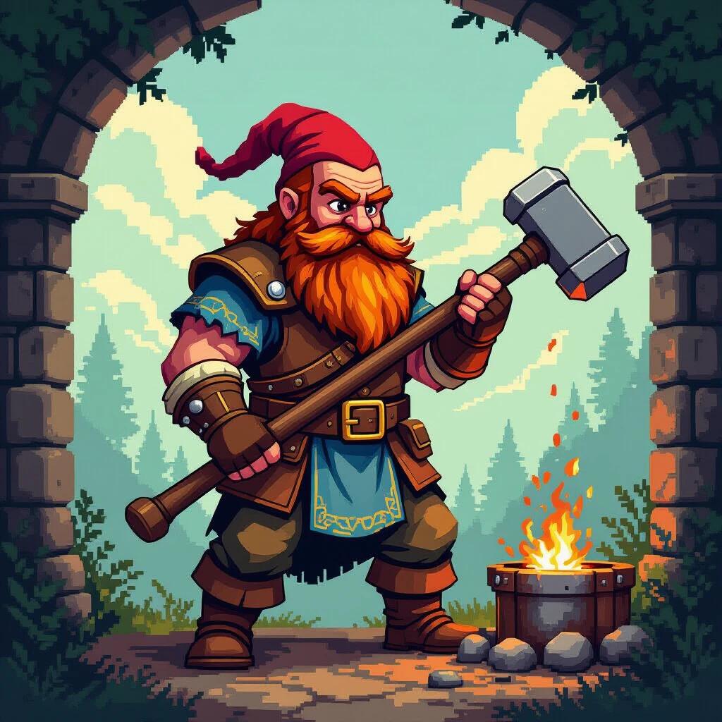 A fantasy medieval blacksmith with a long unkempt beard. He is muscular and robust. He wields a large hammer. The scene is in pixel art without background.
