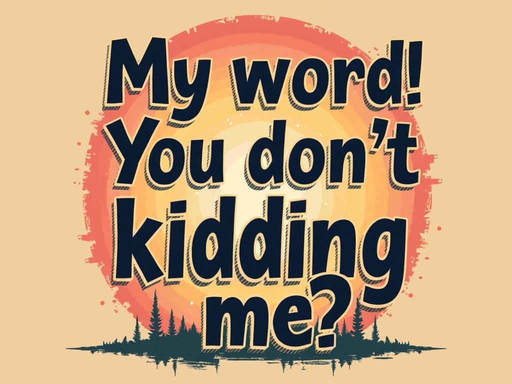 Graphic design featuring a bold quote on a t-shirt. A colorful gradient background with trees at the bottom.