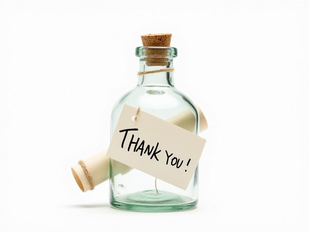 A clear glass bottle with a cork stopper holds a rolled up piece of paper inside. The paper is tied with a twine string, giving it a rustic appearance. On the paper, the message reads "THANK YOU!" handwritten in a friendly script. The bottle is positioned at an angle, showcasing the paper inside while also allowing the cork and neck of the bottle to be visible. The background is white, providing a clean and simple aesthetic.