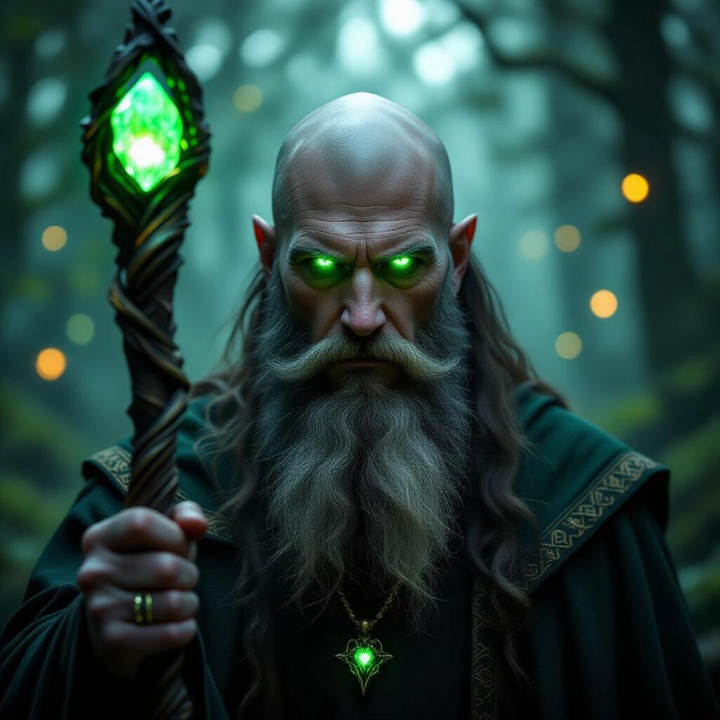 A hyper-realistic cinematic shot of a bald bearded fantasy wizard. He has glowing green eyes and holds a magical staff. The forest behind features magical mist and flickering lights. The expression is calm and intense with moody dramatic lighting.