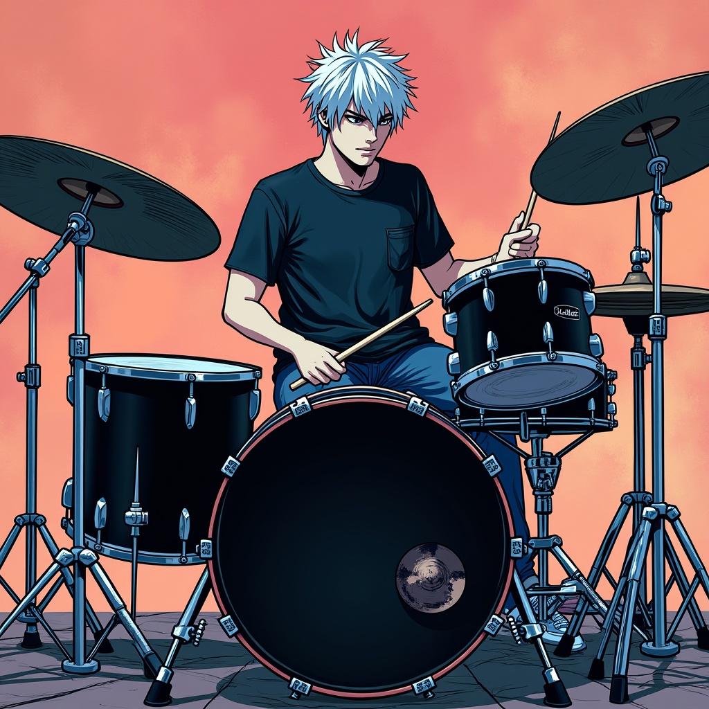 A male drummer with spiky, bleached hair plays passionately on a drum set against a peach background. He wears a grunge-style black T-shirt and dark jeans. His expression shows focus and energy while drumming.