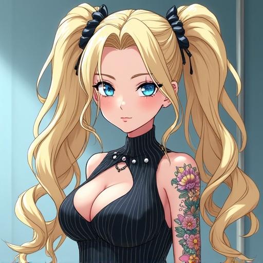 Anime woman in a luxurious spa setting. She has huge light blonde curly pigtails. Wearing a professional pinstriped office dress. Features colorful traditional Japanese tattoos. Portrays a semi futuristic look. Muscular with visible abs. Located inside a modern building. Looks royal. Displays elements of beauty and elegance.