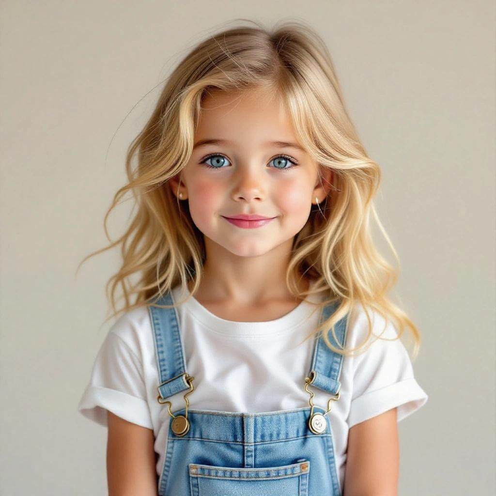 Real cute girl with blonde hair poses against a light background. She wears a white t-shirt and denim overalls. Her hair is styled in soft waves. She has bright blue eyes and a cheerful expression.